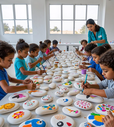 "Team members designing creative keychains during a craft art workshop in Dubai, hosted for hands-on corporate events and group engagement. "