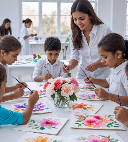 Children painting vibrant floral watercolors around a flower arrangement during a guided kids art workshop in Dubai focused on nature-inspired creativity