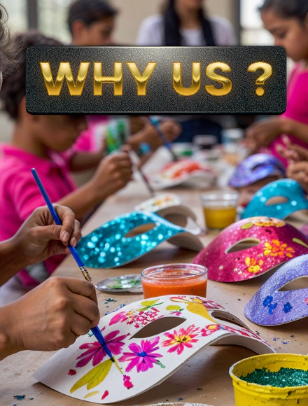 Children decorating vibrant carnival-style masks with paint and glitter during a creative art workshop in Dubai, highlighting hands-on learning and artistic fun