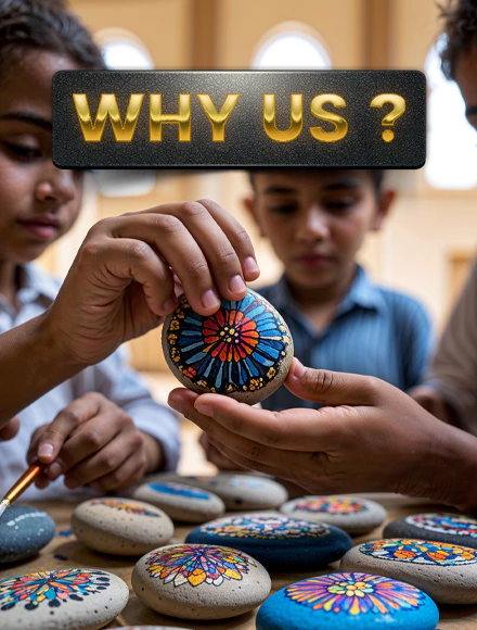 Kids painting decorative stones in an engaging art workshop in Dubai. A creative hands-on experience designed by expert event planners in Dubai