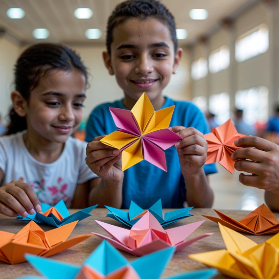 Kids enjoying an origami workshop in Dubai, creating colorful paper flowers. A fun and interactive activity organized by event planners in Duba