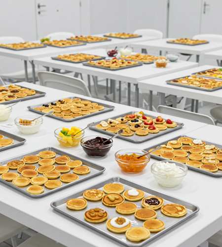 Mini pancakes with various toppings and ingredients set out on trays for a cooking workshop for kids, part of engaging workshops in Dubai