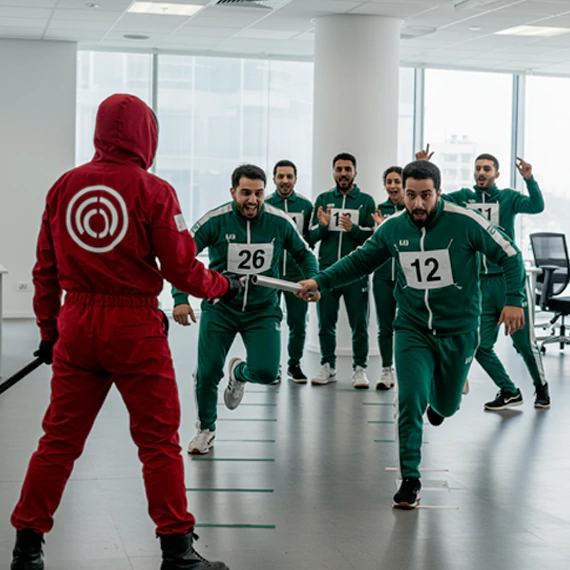 Corporate team-building activity in Dubai inspired by Squid Game, featuring employees in a relay challenge to boost teamwork, engagement, and motivation
