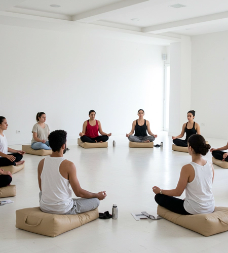 "Group breathwork and mindfulness practice during wellness workshops in Dubai, designed for corporate events focused on mental clarity and calm. "
