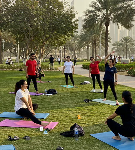 "Corporate wellness day in Dubai featuring group stretching on grass, part of outdoor wellness workshops for corporate events in the UAE. "