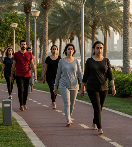 "Group walking meditation session by the waterfront, part of wellness workshops in Dubai designed for corporate events and team relaxation. "