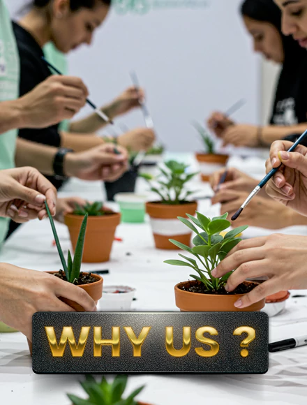 Why choose MRM for CSR events? Corporate team members in Dubai participating in a sustainable CSR activity, painting and decorating potted plants for community engagement