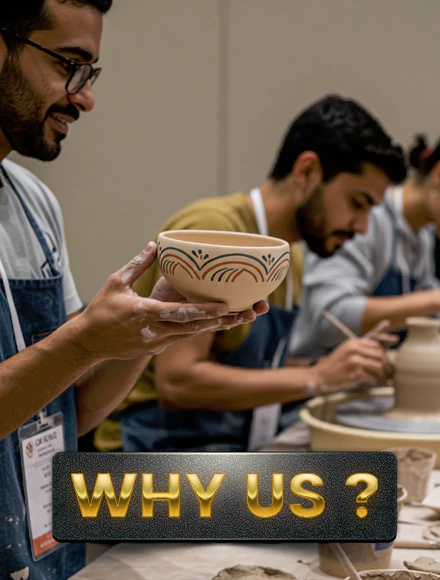 Corporate team shaping pottery in a hands-on workshop in Dubai, exploring creativity and craftsmanship in a guided ceramic-making session.