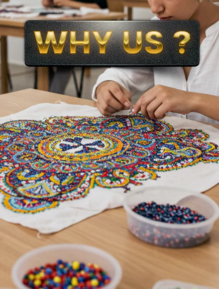 "Close-up of bead embroidery artwork in progress during a craft art workshop in Dubai, featured in a “Why Us” section for corporate events planners. "